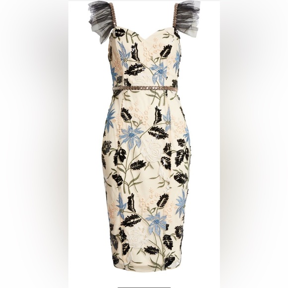 Lulus Dresses & Skirts - Lulu's Cream Floral Showstopper Dress with Black and Blue Accents